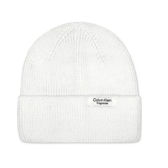 Calvin Klein Unisex Beanie, White Ribbed Knit, Fold-Over Cuff, Warm Soft Hat-NEW - Picture 1 of 11